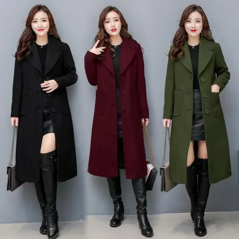 

Женский Тренч Осень-зима, новое модное длинное шерстяное пальто выше колена, облегающее длинное женское ветрозащитное пальто