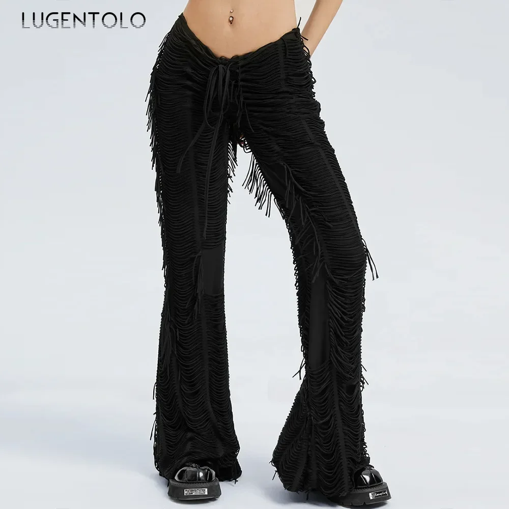 Women Elasticity Tassel Pants Autumn Lace-up New Fashion Black Irregular Street Casual Flare Trousers Versatile Clothing 
Women Elasticity Tassel Pants Autumn Lace-up New Fashion Black Irregular Street Casual Flare Trousers Versatile Clothing