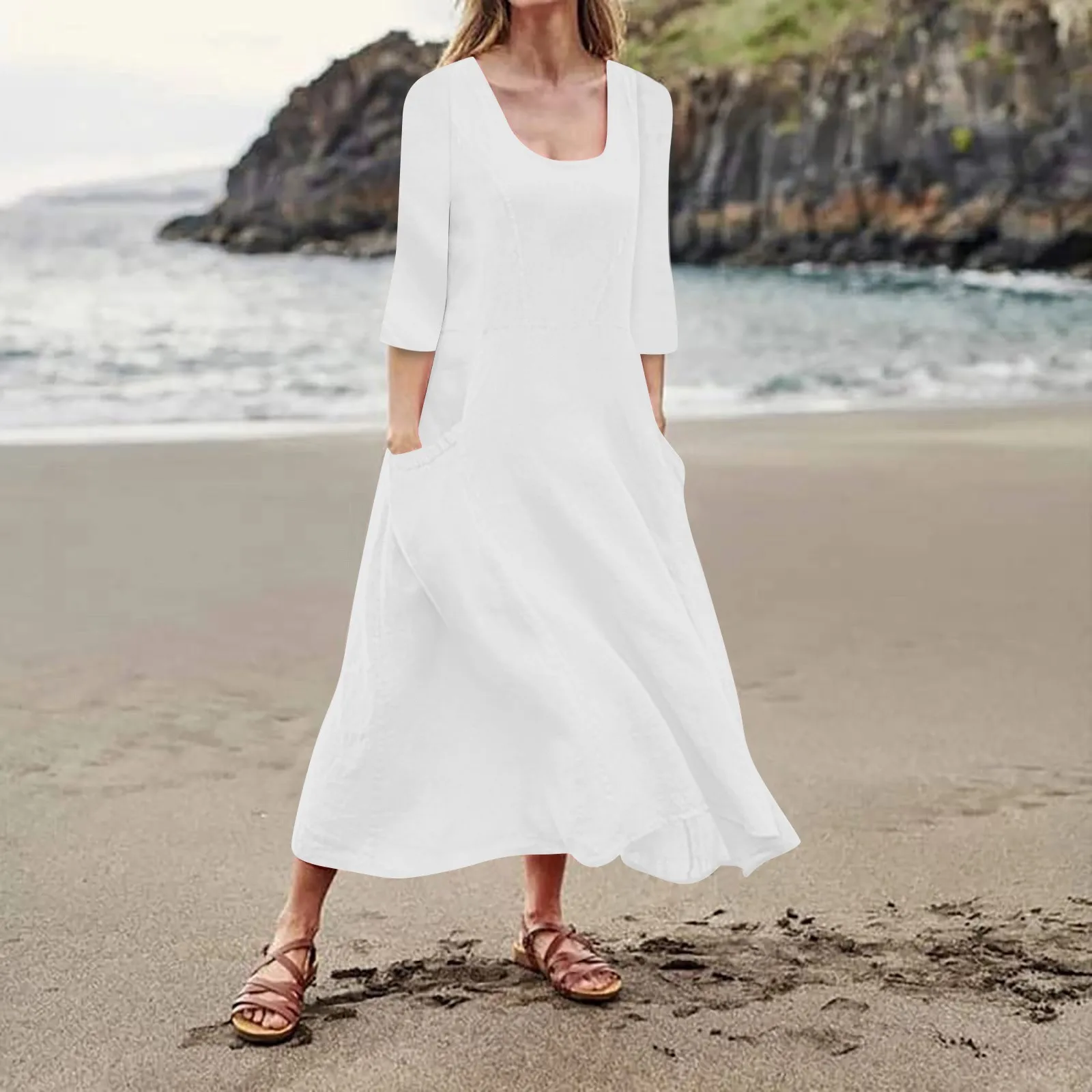 

Ladies Summer Dress Casual Cotton Linen Women Dress Sundress Three-Quarter Sleeve Crew Neck Loose Pockets Dress Mujer Vestido