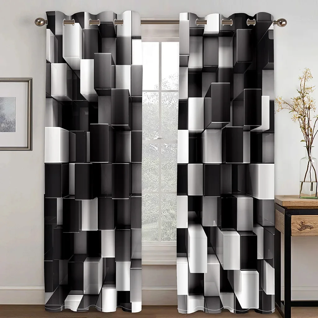 

Black White Abstract Geometric Blocks Cube Red Window Curtains For Living Room Kids Bedroom Bathroom Kicthen Door Home Decor2Pcs