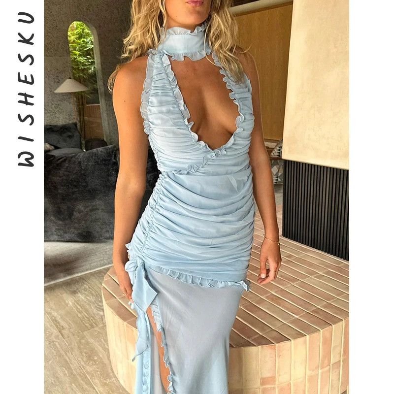 

Deep V Neck Slim Maxi Dresses For Women Mesh Splice See Through Folds Long Sundress Femme Side Slit Sexy Evening Dress