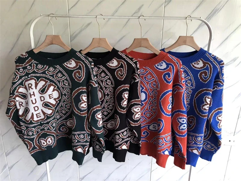 

Streetwear Vintage Cashew Logo Jacquard Rhude Sweater Men Women Loose Knitted Sweatshirts Inside Tags