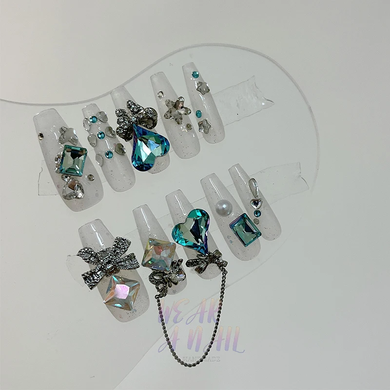 Handmade Press on Nails Long Wedding Fake Nails Blue Heart Zircon With Charm Luxury Design Reusable Adhesive False Nails Tips
Handmade Press on Nails Long Wedding Fake Nails Blue Heart Zircon With Charm Luxury Design Reusable Adhesive False Nails Tips