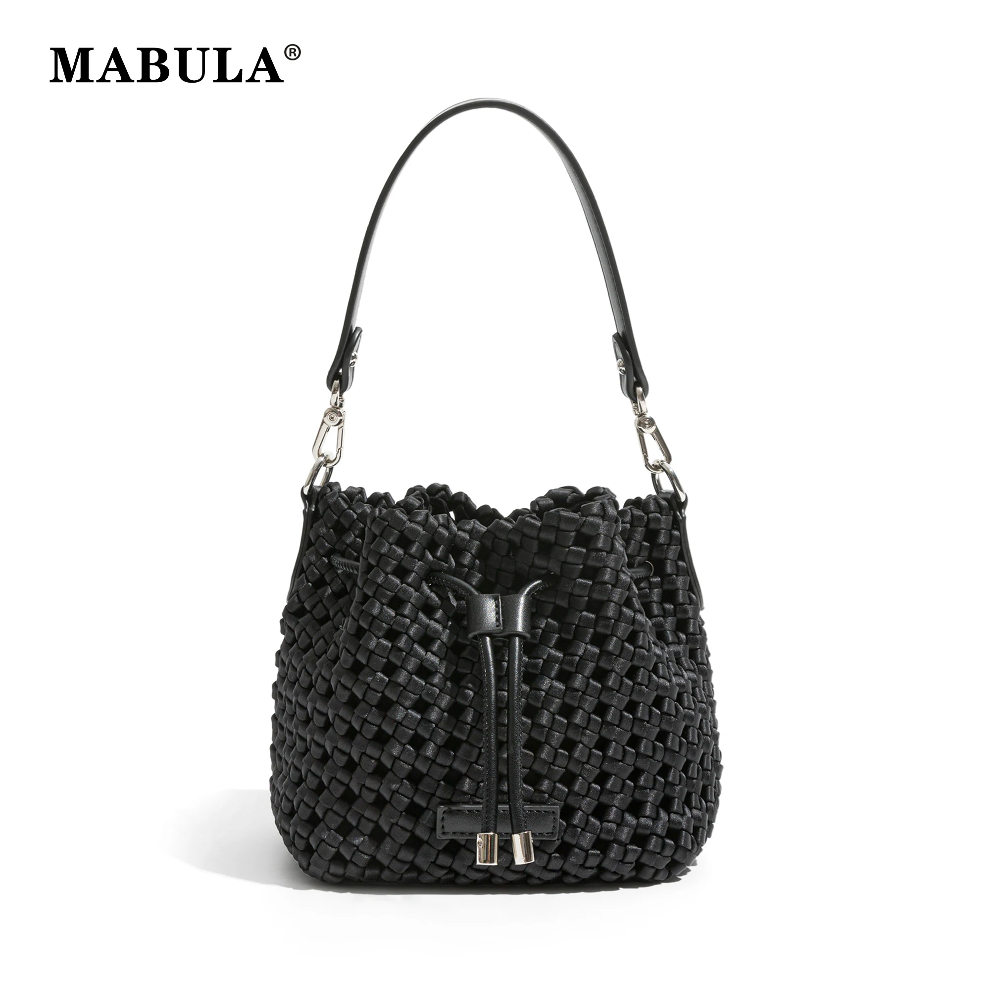 MABULA Handweave Satin Bucket Tote Bag for Women Hollow Design Basket Handbag Brand Luxury Drawstring Ladies Crosbbody Purse
MABULA Handweave Satin Bucket Tote Bag for Women Hollow Design Basket Handbag Brand Luxury Drawstring Ladies Crosbbody Purse