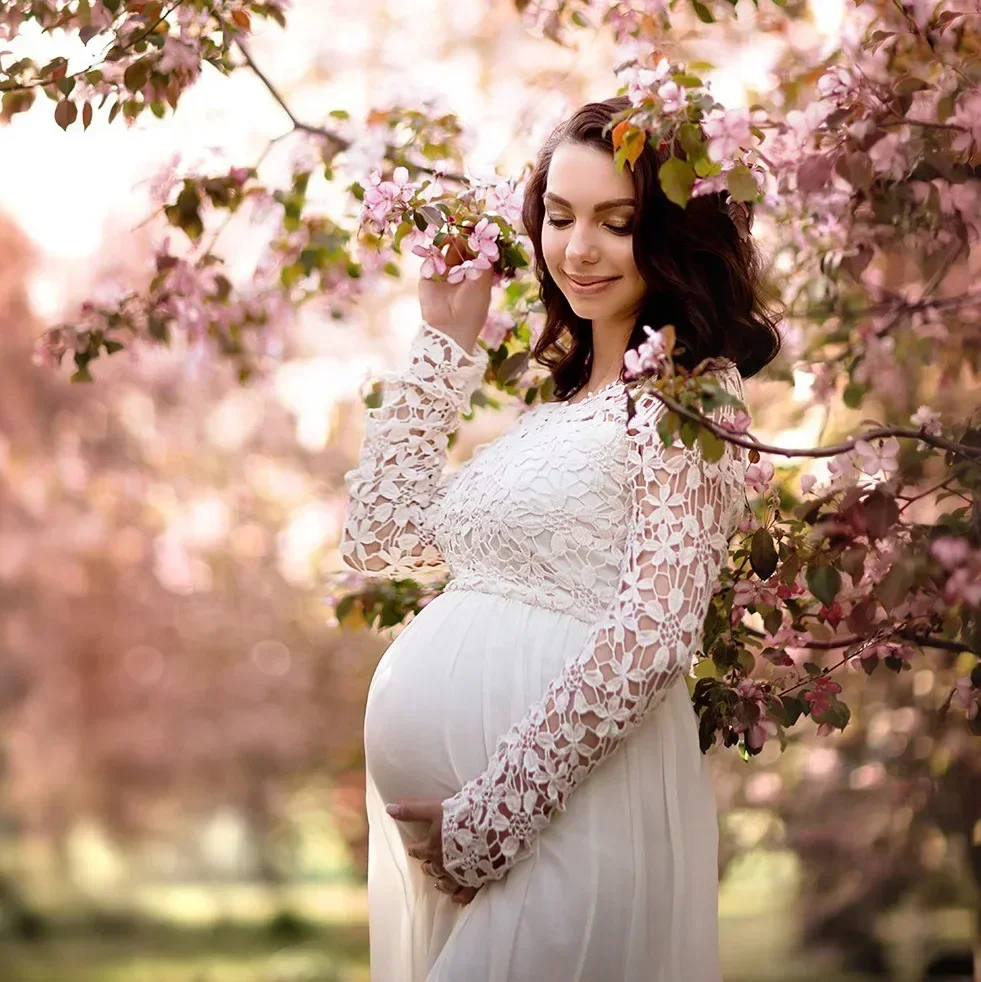 

Baby Shower Dress Maternity Photo Shooting Maxi Gown Pregnancy Photography Cotton Dress Stetchy Women Lace Long Dress