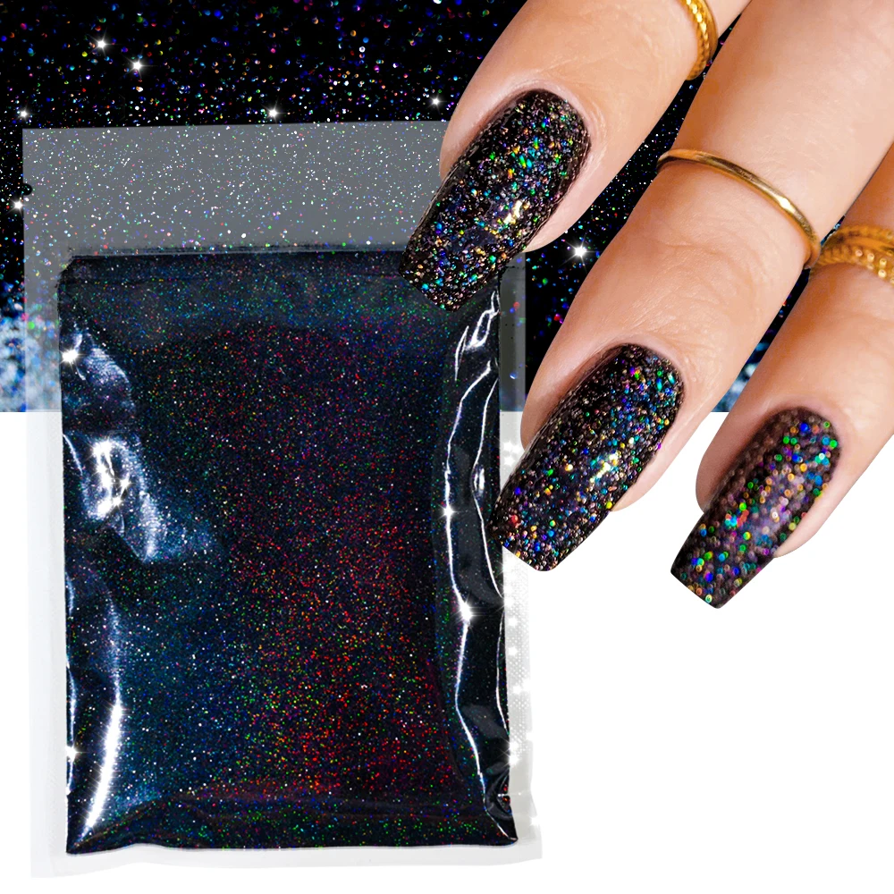 

10g Laser Black Holographic Nail Glitter Powder Rainbow Dazzling Galaxy Glitter Bulk Pigment DIY Decoration Nail Sugar Powder @@