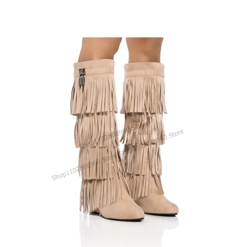 

Knee High Solid Flock Fringe Lock Decor Boots Wedges Heel Women Shoes Slip-On Round Toe 2023 Fashion Zapatos Para Mujere