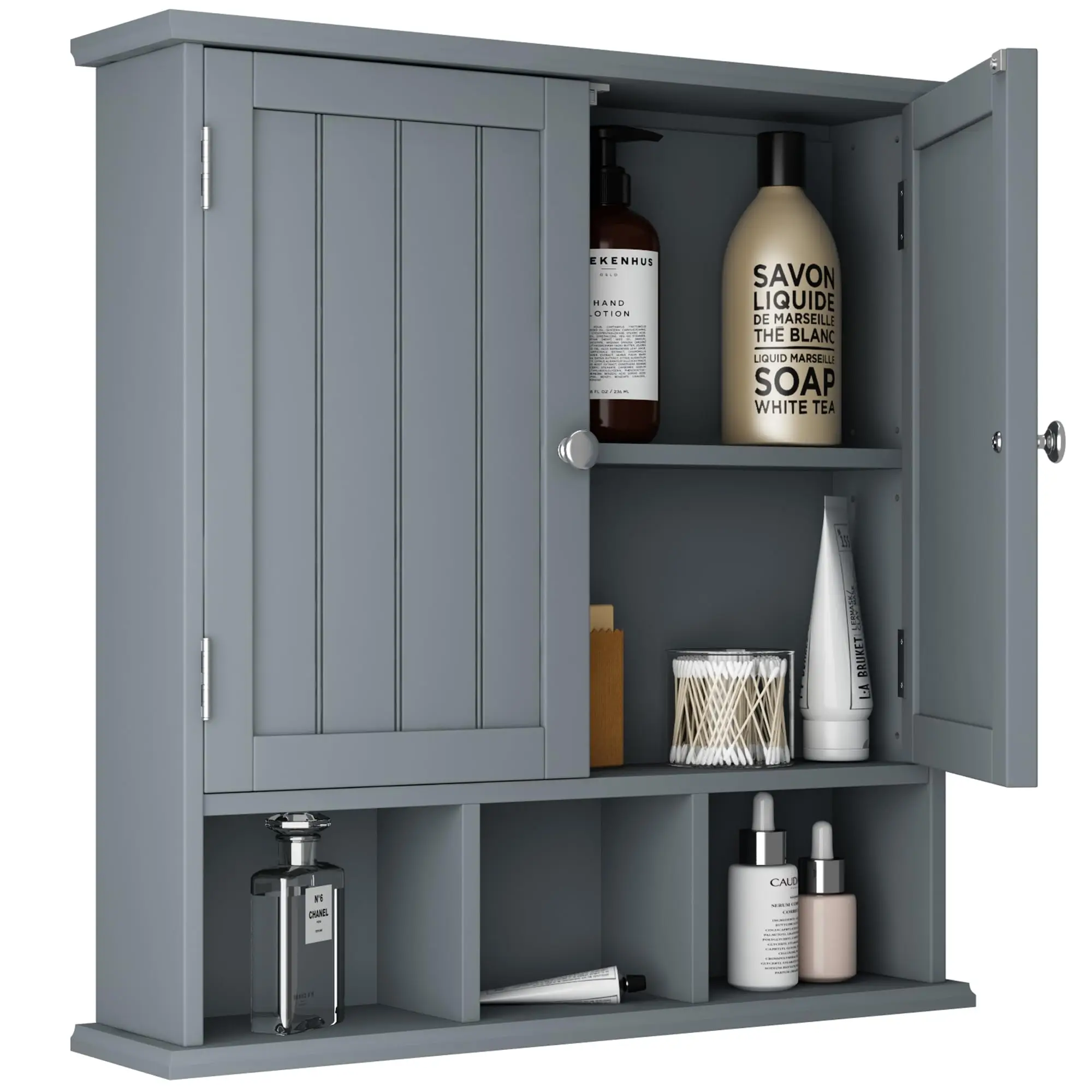 Bathroom Cabinet Wall Mounted - 2-Door with 3 Open Shelves, Wooden, Adjustable Shelf, Grey
Bathroom Cabinet Wall Mounted - 2-Door with 3 Open Shelves, Wooden, Adjustable Shelf, Grey