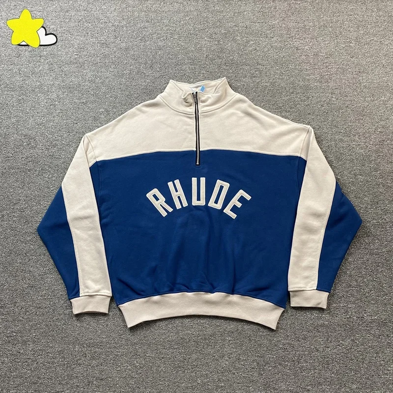 Vintage Streetwear Spliced Half Zipper RHUDE Sweatshirts Men Women Top Quality Oversize Patch Embroidery Logo Pullovers Blue Red
Vintage Streetwear Spliced Half Zipper RHUDE Sweatshirts Men Women Top Quality Oversize Patch Embroidery Logo Pullovers Blue Red