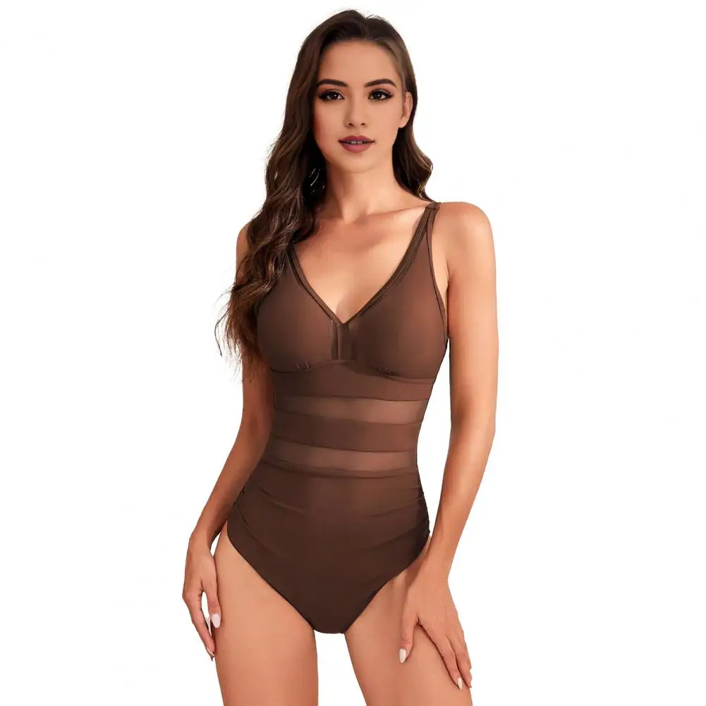

One-piece Swimwear Stylish Women's One-piece Swimsuits with Mesh Splicing Tummy Control Sexy Deep V-neck Beachwear for Summer