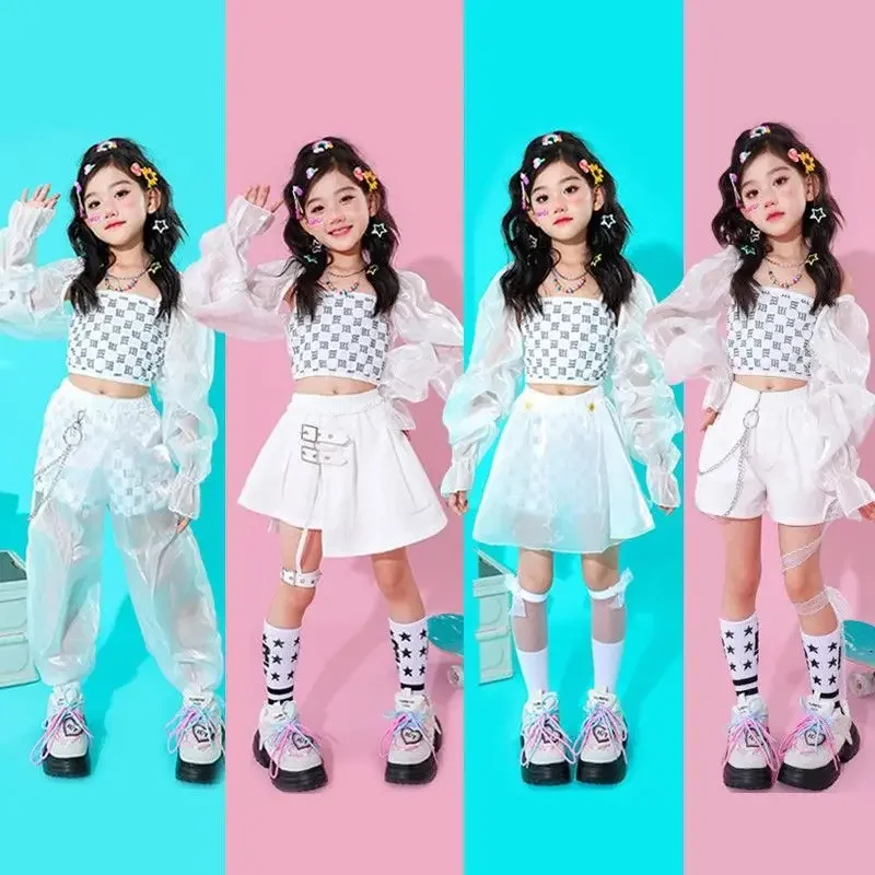 

2024 Kpop Girls Clothes Jazz Dance Costume White Performance Suit Hip Hop Modern Dance Outfit Kids Stage Wear Fashion Clothing