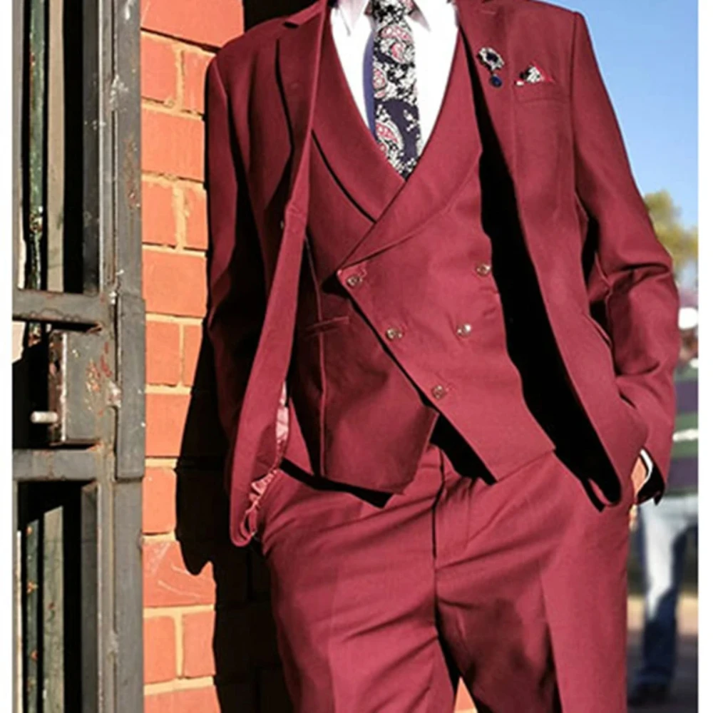 

Fashion Red Casual Elegant Men Suits Notch Lapel Slim Fit Blazers Hombre High Quality Custom 3 Piece Set Jacket Vest Pant 2024