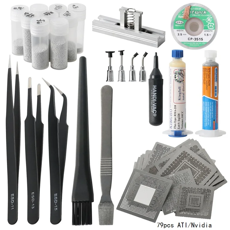 79pc A/set Nvidia Chip Direct Heating BGA Stencil BGA Reball Kit Bga Reballing Stencil Kit Solder Paste+BGA Soldering Wick
79pc A/set Nvidia Chip Direct Heating BGA Stencil BGA Reball Kit Bga Reballing Stencil Kit Solder Paste+BGA Soldering Wick