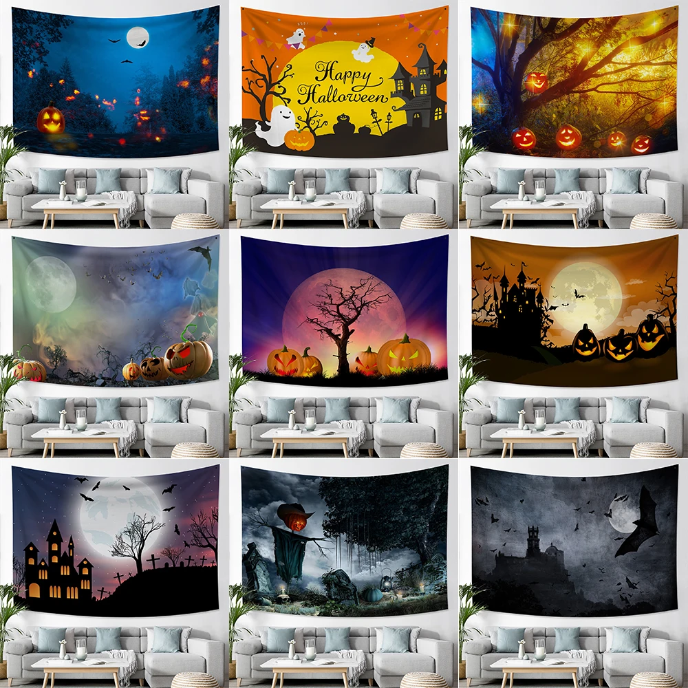 

Horror Pumpkin Bat Halloween Series Printed Tapestry Home Living Room Bedroom Wall Decoration Background Fabric