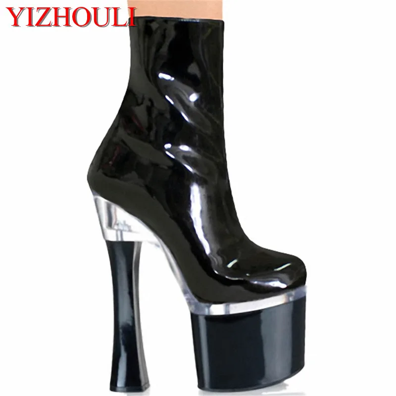 

18cm New arrived Autumn and winter fashion PU leather thick high heel shoes sexy black platform pumps ankle dance shoes