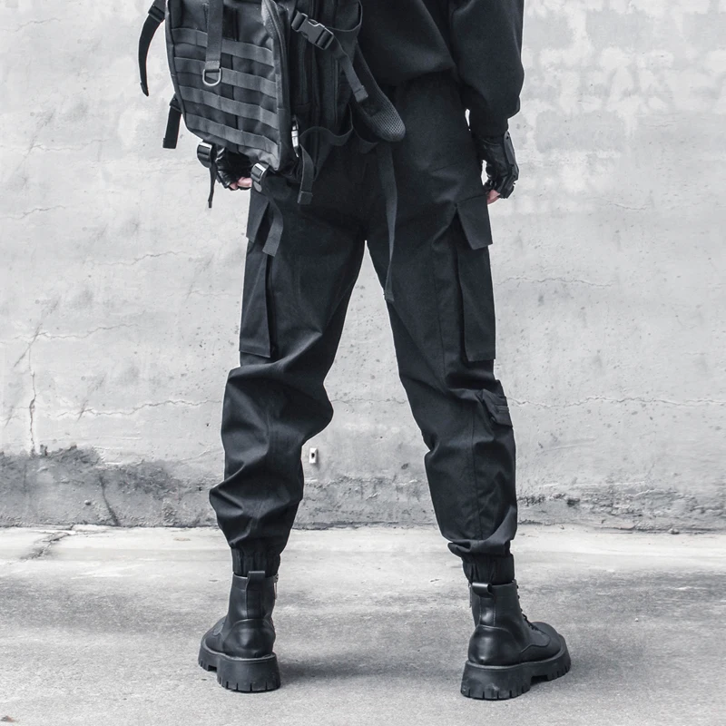 

Black Multi-Pocket Motorcycle Biker Niche Overalls Men Ankle-Tied Dark Outdoor Multi-Pocket Woman Techwear Style Trousers Pants