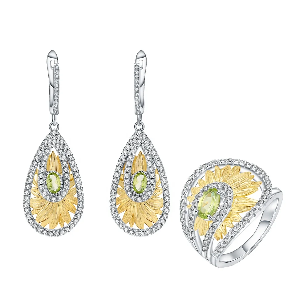 

C7613 Gold And Silver Jewellery Making Suppliers Natural Peridot 925 Sterling Silver Flower Earrings Ring