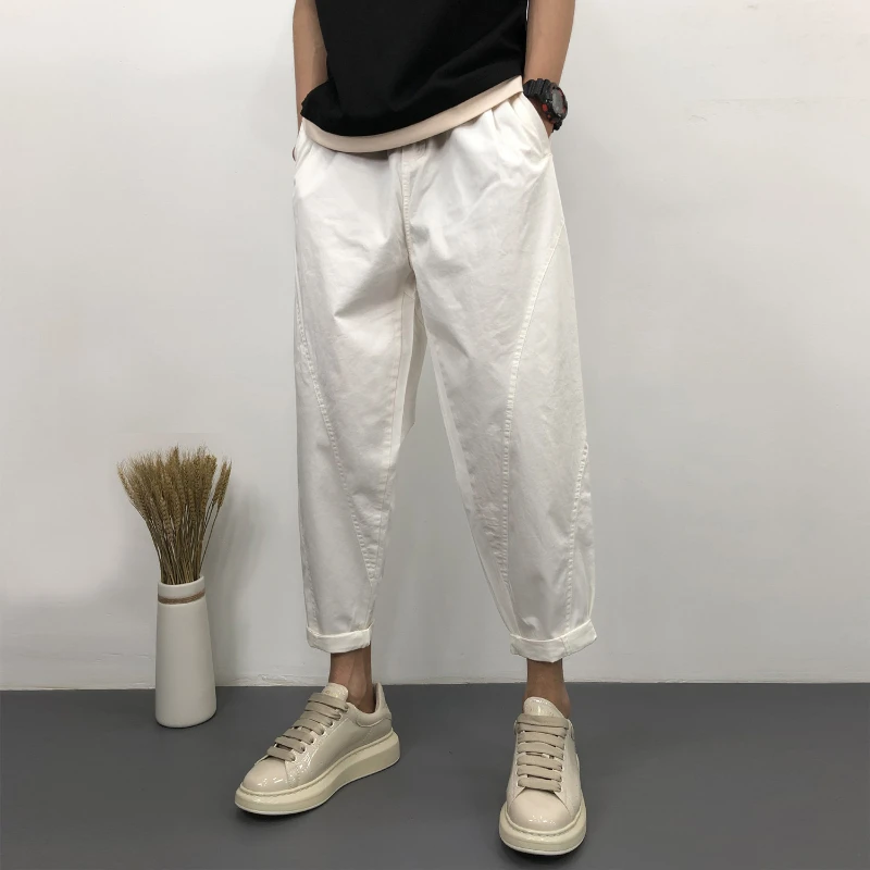 

Casual pants men Spring summer New loose thin haren cargo pants straight wide leg nine points Korean fashion white Men's pants