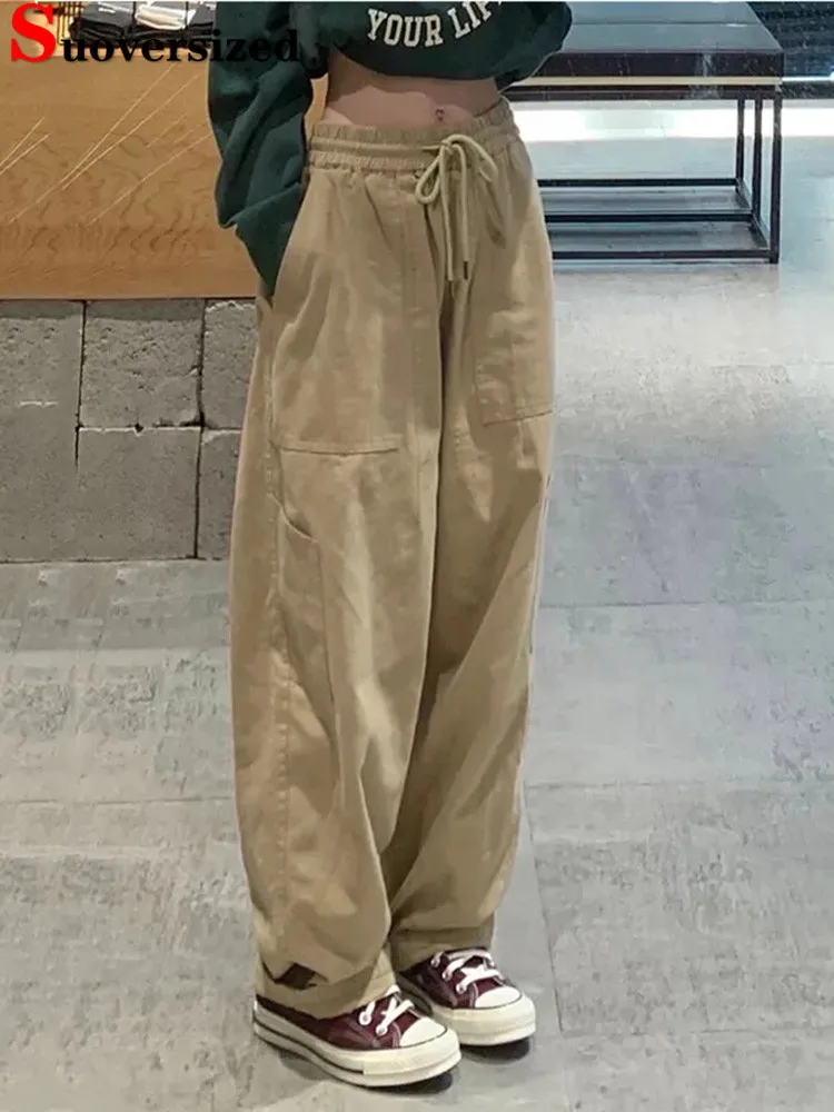 

Oversize Lace Up Baggy Cargo Pants Streetwear Women High Waist Straight Pantalones Fashion Loose New Solid Sporty Trousers