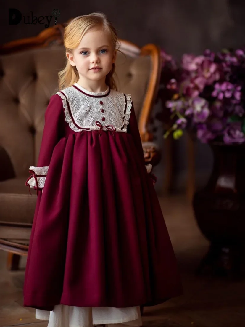 

New Burgundy Princess Dress for Girls Vintage Royal Long Sleeve Velvet Dresses Elegant Christmas Party Clothes Children Costumes