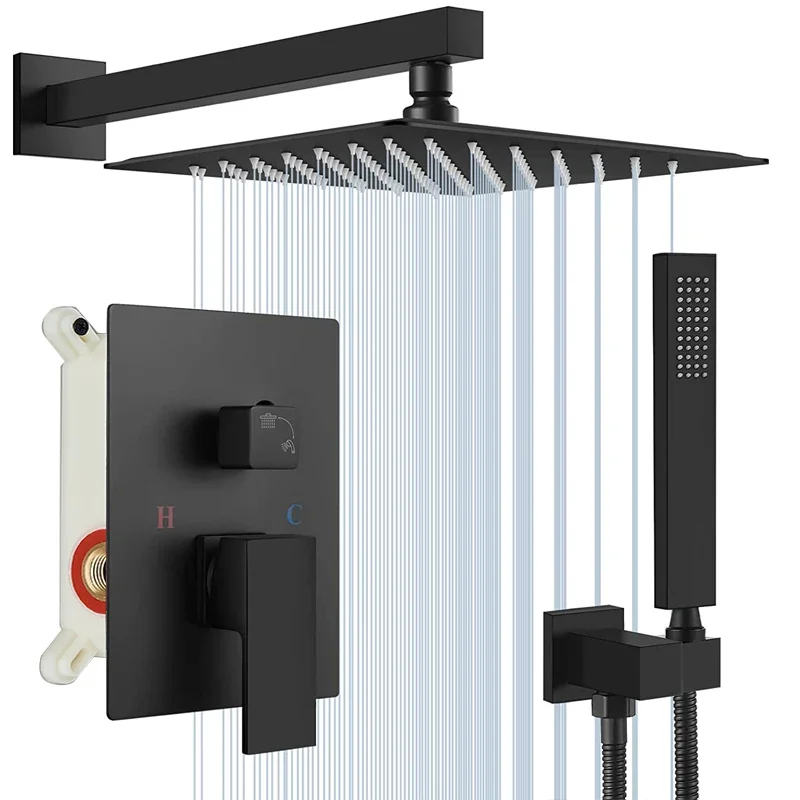 

Matte Black Shower Faucets Set Rain Waterfall Concealed System Wall Mount Bathtub Shower Mixer Shower Combo Set