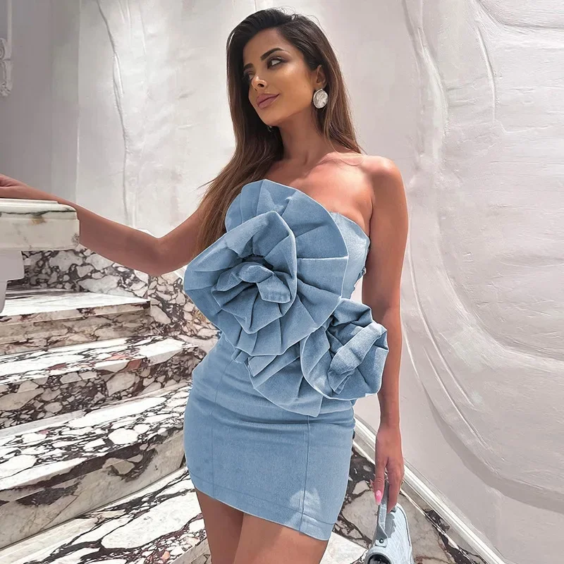 Blue Strapless Mini Dress for Women Fashion Flower Bodycon Short Dresses Winter Sexy Backless Bandage Christmas Party Dress 2023
Blue Strapless Mini Dress for Women Fashion Flower Bodycon Short Dresses Winter Sexy Backless Bandage Christmas Party Dress 2023