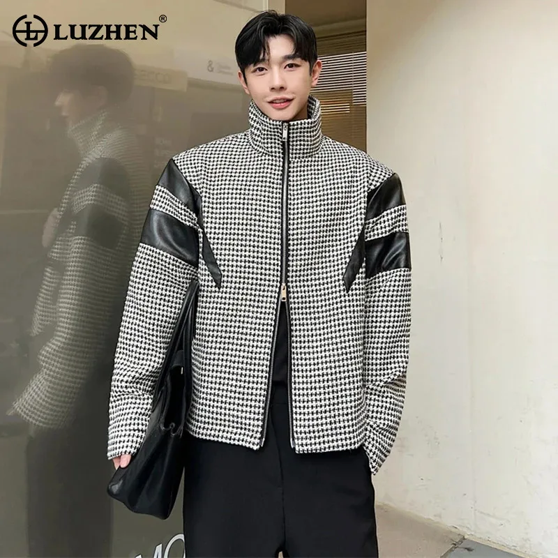 

LUZHEN 2024 Trendy Plaid Jacket Men's Splicing Leather Design Casual Coat New High Street Fashion Elegant Korean Clothes E4dbb0