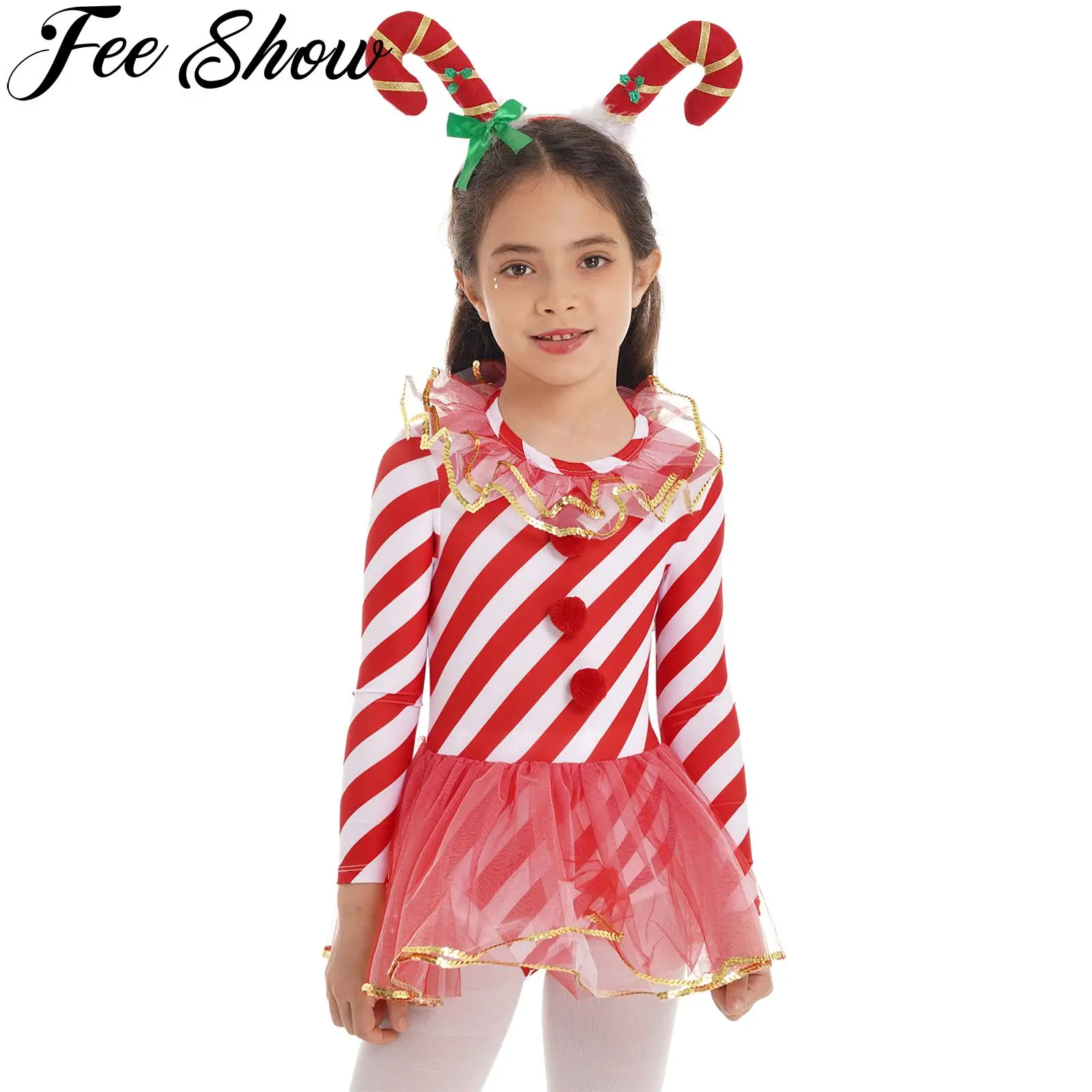 Red Kids Girls Christmas Costume Halter Neck Long Sleeves Open Upper Back Stripes Print Pompoms Sequins Mesh Jumpsuit Dress
Red Kids Girls Christmas Costume Halter Neck Long Sleeves Open Upper Back Stripes Print Pompoms Sequins Mesh Jumpsuit Dress