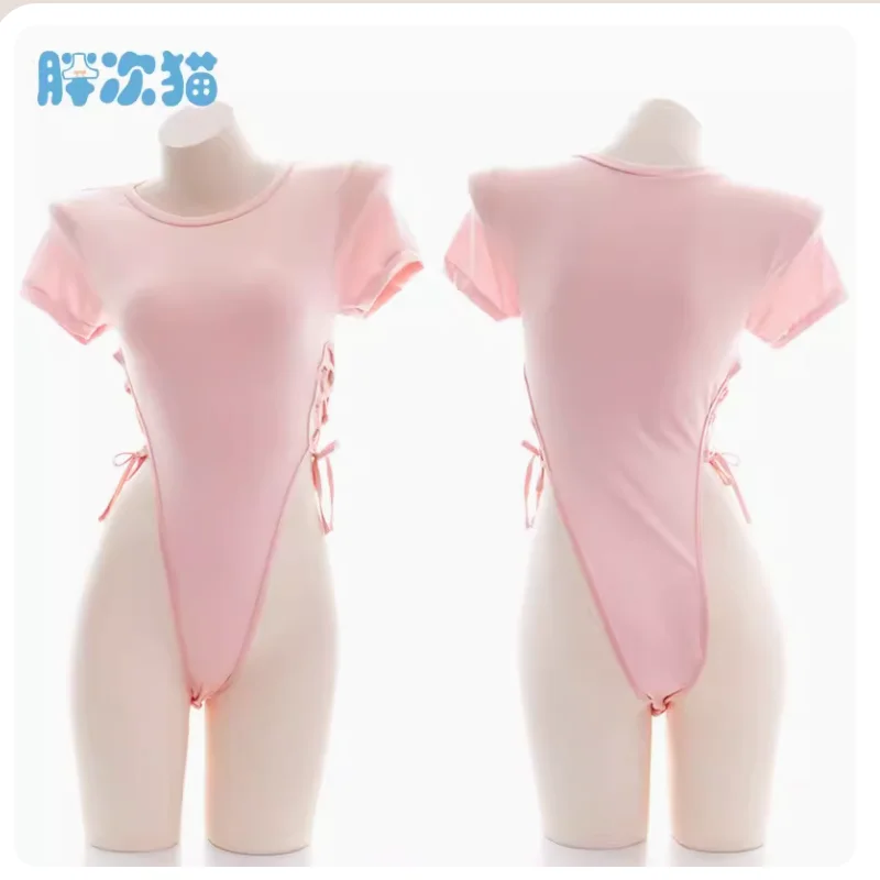 

2024 Pink one-piece T-shirt Straps Sukumizu High Slit Button-down Gym Suit Private Pajamas Home Clothing Woman Sexy Underwear