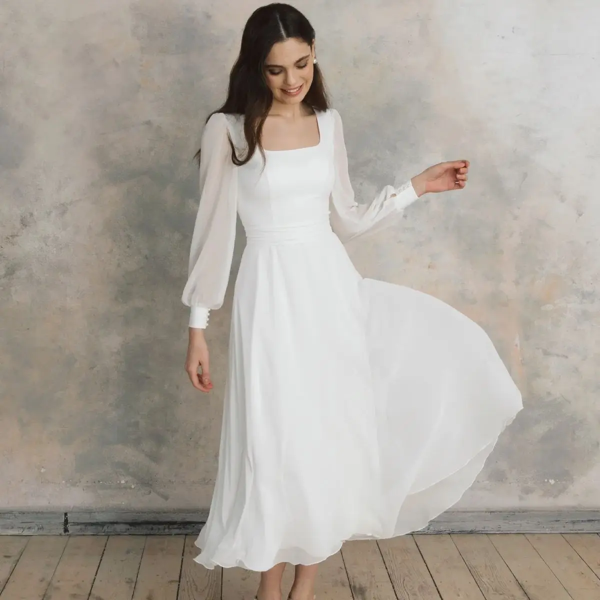 

White Wedding Dresses for Women Elagant A Line Square Collar Bridal Party Gowns Full Length Ankle Length Vestido De Noiva New