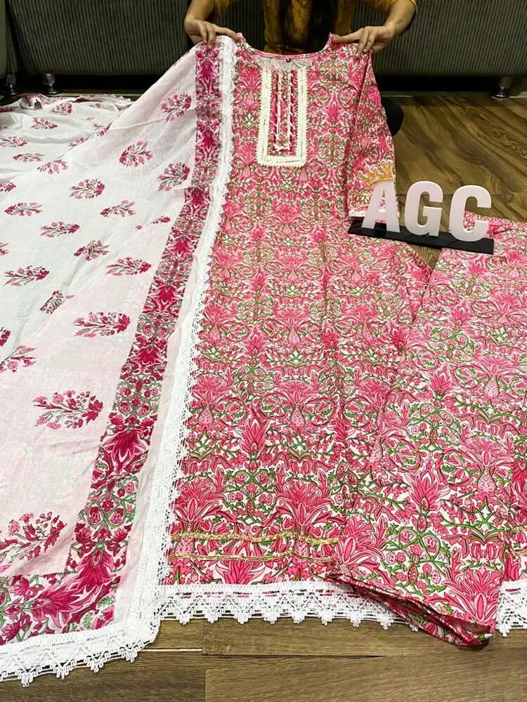

Women Cotton Salwar Kameez Dupatta Flared Anarkali Kurta Palazzo Stitched Dress