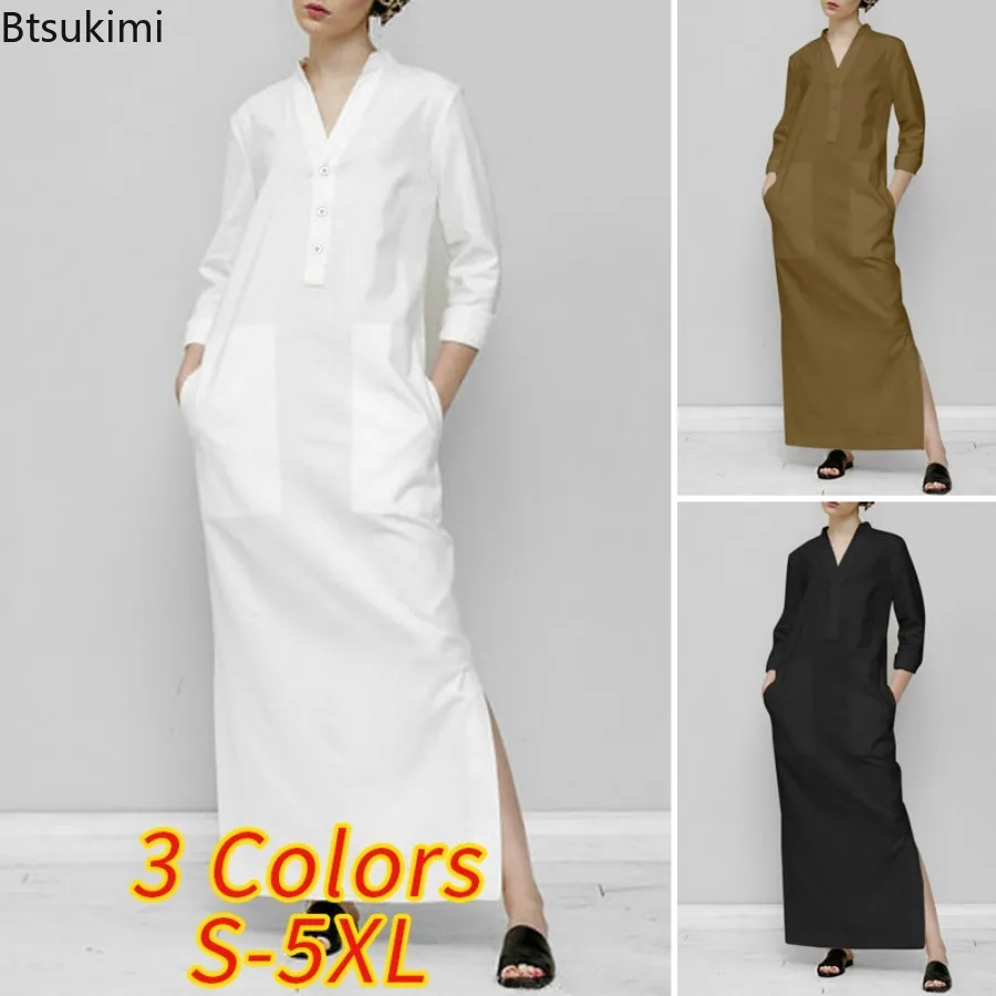 

2024 New Vintage Solid Cotton Linen Dress for Women Casual Commuter Loose Maxi Dress Female Fashion V-neck Split Hem Long Skirts