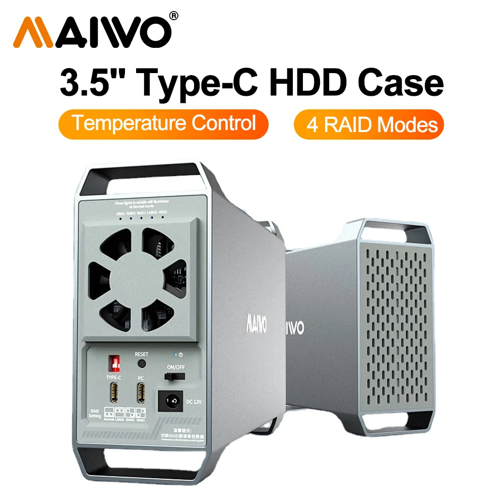 

MAIWO 2 Bays RAID Type C 3.5" SATA HDD SSD Enclosure Aluminum HDD Case Up to 10Gbps With Handle Hard Drive Disk Array Cabinet
