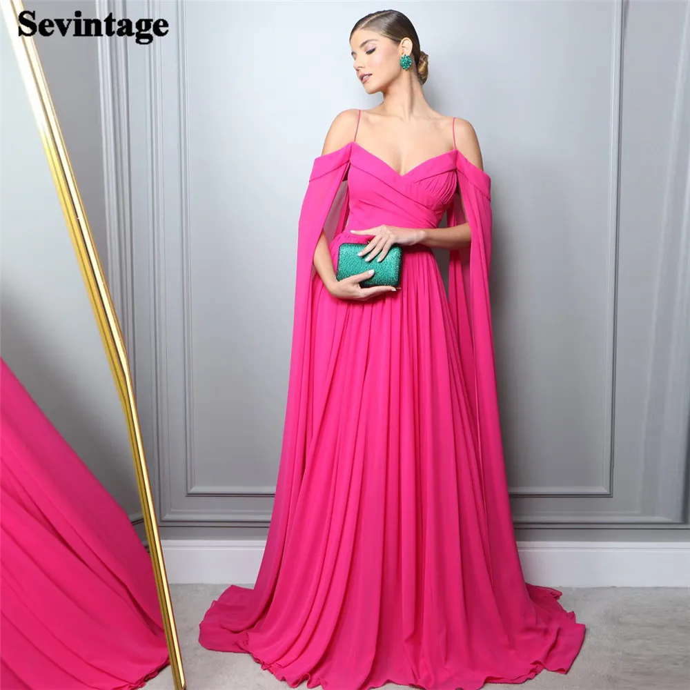 

Sevintage Vintage Rose Red Prom Dresses Chiffon V-Neck Spaghetti Strap Ruched A-Line Floor Length Party Gowns vestidos de noche