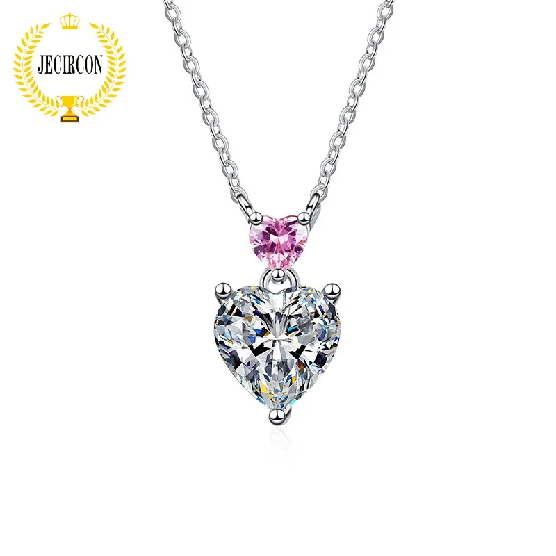 

JECIRCON-Moissanite Necklace for Women 100% 925 Sterling Silver Clavicle Chain Double Hearts Pendant Japanese Korean D Color 1ct