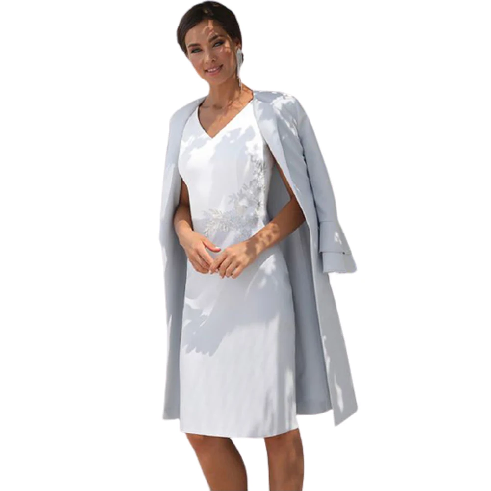 Short Mother Of The Bride Dresses Set with Long Sleeve Outfit Silver Grey Knee Length V-Neck Elegant Women Wedding Guest Gowns
Short Mother Of The Bride Dresses Set with Long Sleeve Outfit Silver Grey Knee Length V-Neck Elegant Women Wedding Guest Gowns
