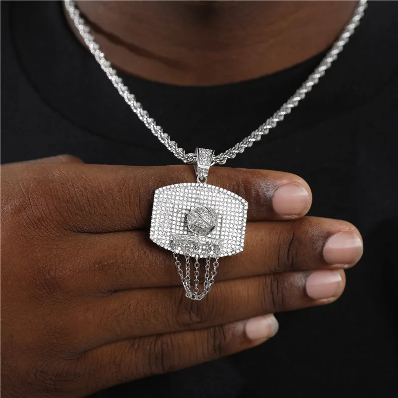 

Basketball Shape Pendant Necklace Silver Color Iced Out Cubic Zirconia Men's Hip hop Rock Jewelry with Cuban Chain