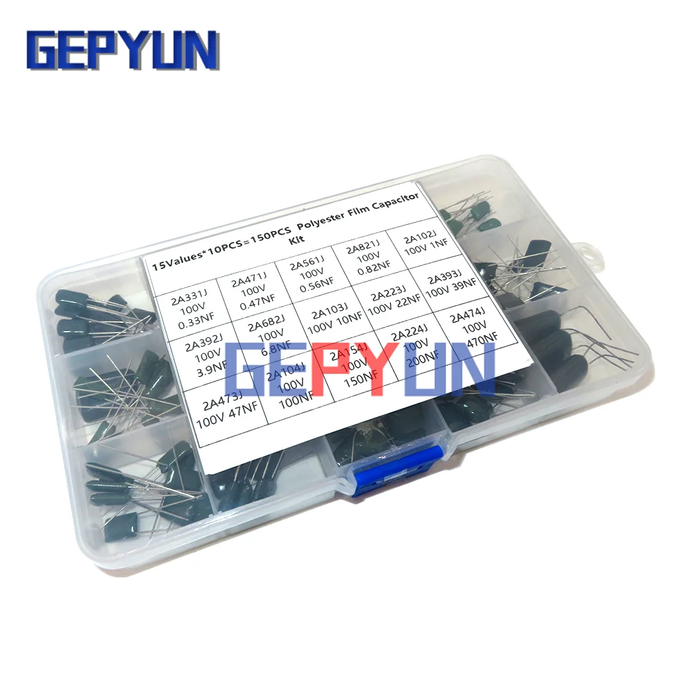 150Pcs 15Values Polyester Film Capacitor Assortment Box Kit 0.33NF 2A331J 470NF 2A474J 2A821J 2A102J 2A393J 2A474J
150Pcs 15Values Polyester Film Capacitor Assortment Box Kit 0.33NF 2A331J 470NF 2A474J 2A821J 2A102J 2A393J 2A474J