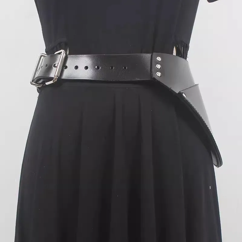 

Women's Runway Fashion Black Genuine Leather Cummerbunds Female Dress Corsets Waistband Belts Decoration Wide Belt R210