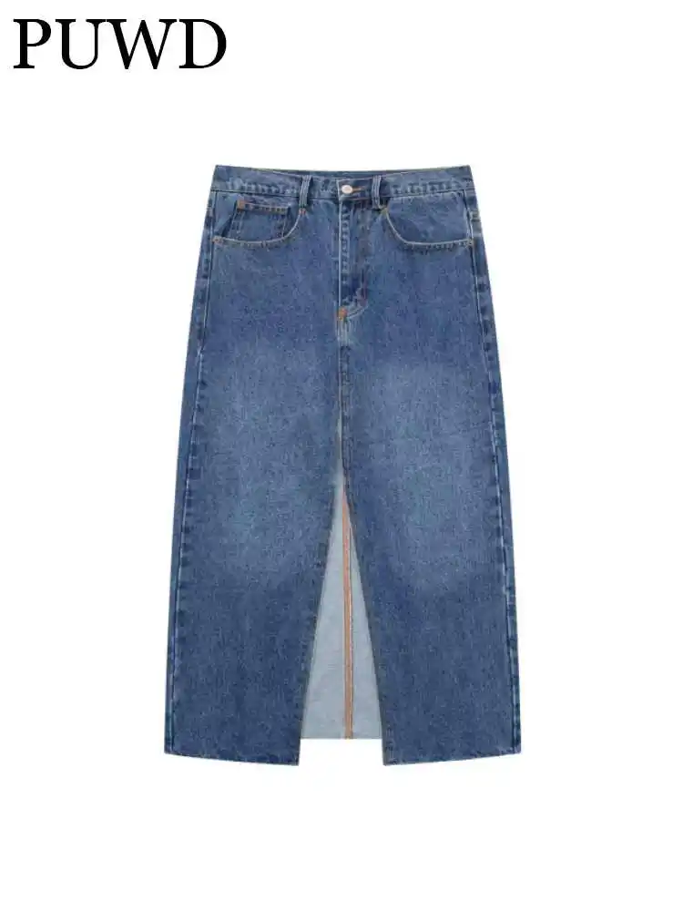 

PUWD Women Fashion Navy Denim Loose Tooling Slit Skirts 2023 Summer Vintage High Waist Pocket Folds Female Bottoms Mujer