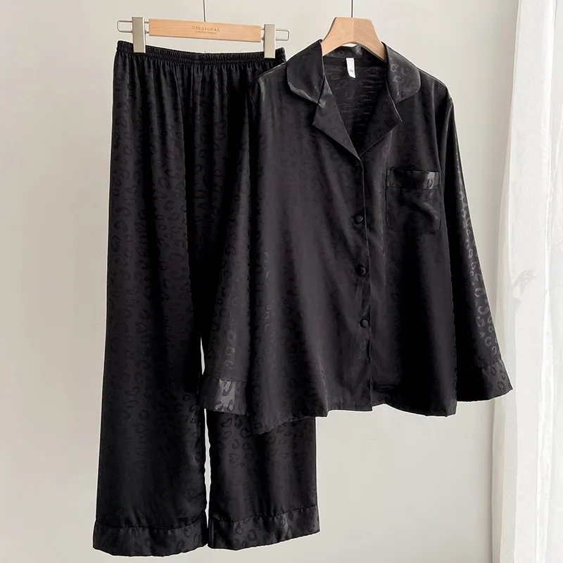 

Пикантный черный леопардовый женский пижамный комплект весна-осень брюки с длинным рукавом костюмы Пижама Свободная Повседневная атласная одежда для сна домашняя одежда