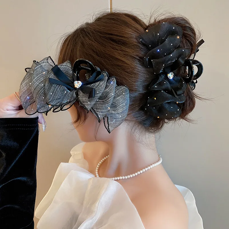 

Elegant Black Starry Cloud Bubble Rhinestone Hair Clip With Double-Sided Bow Tie Ponytail Hair Claw Women Hair Accessories Gift