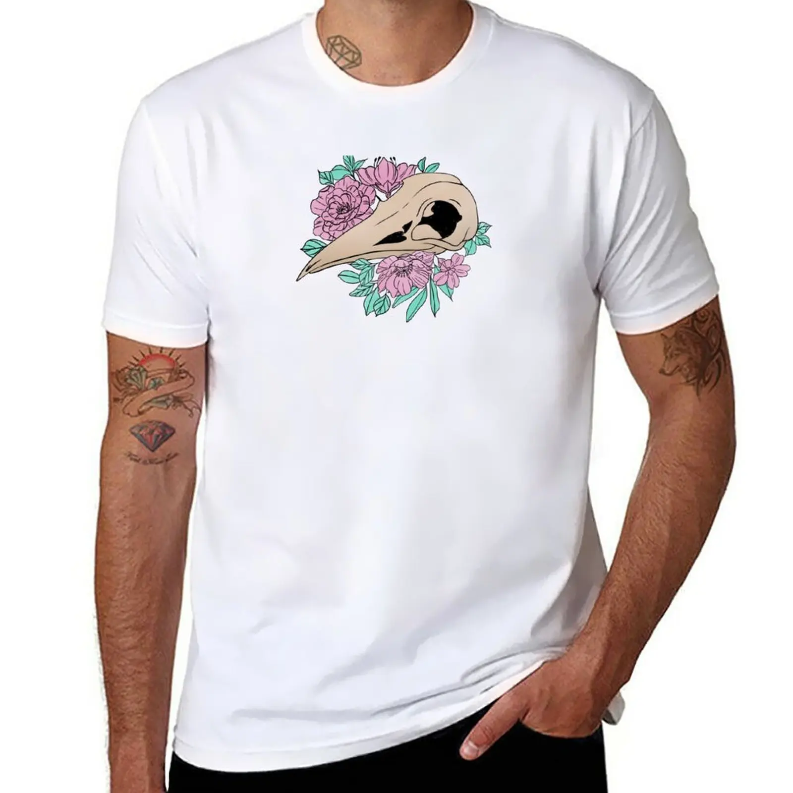 

New Bird Skull With Pink Florals T-Shirt sweat shirt anime animal print shirt for boys vintage t shirt Men's t-shirts