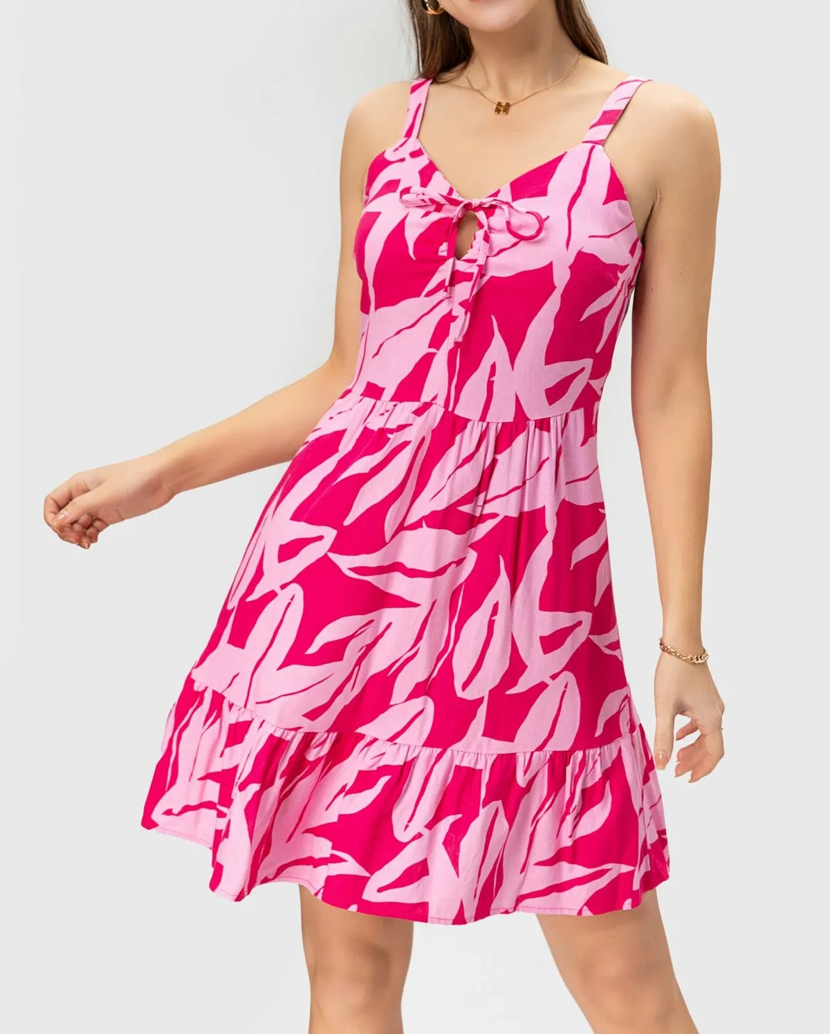 

FASHIONSPARK Women's Spaghetti Strap Boho Floral Beach Sundress Linen Dress V-neck Hollow Out Lace Up Pleated Hem Cami Dress