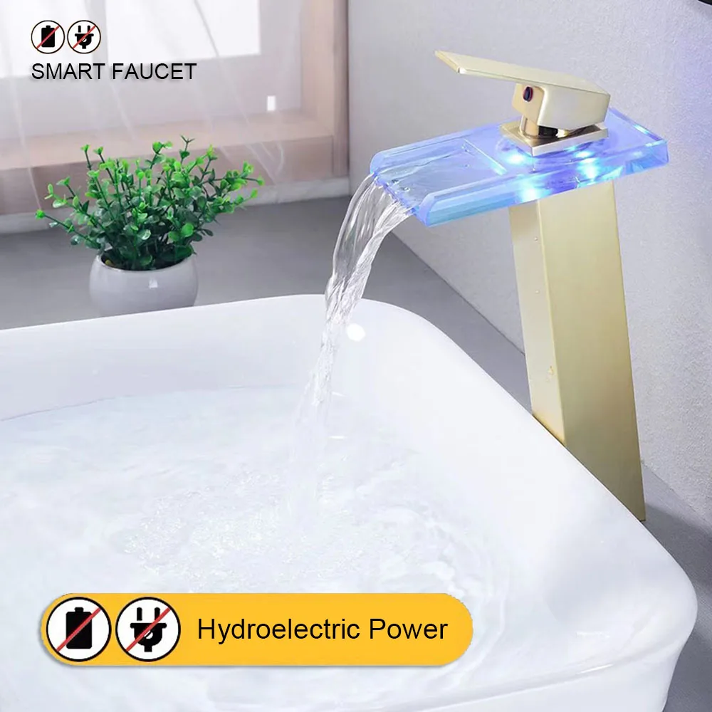 

Smart LED Luminous Waterfall Faucet Tall Square Wash Basin Bathroom Cabinet Faucets Hot Cold Color Changing Mixer Tap Hydropower