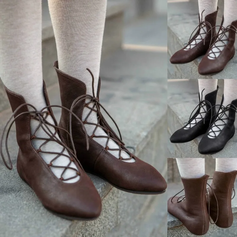 

Medieval Steampunk Vintage Lolita Shoes Leather Boots Cross Lace Up Elf Hunter Queen Cosplay For Women Men Stage Props