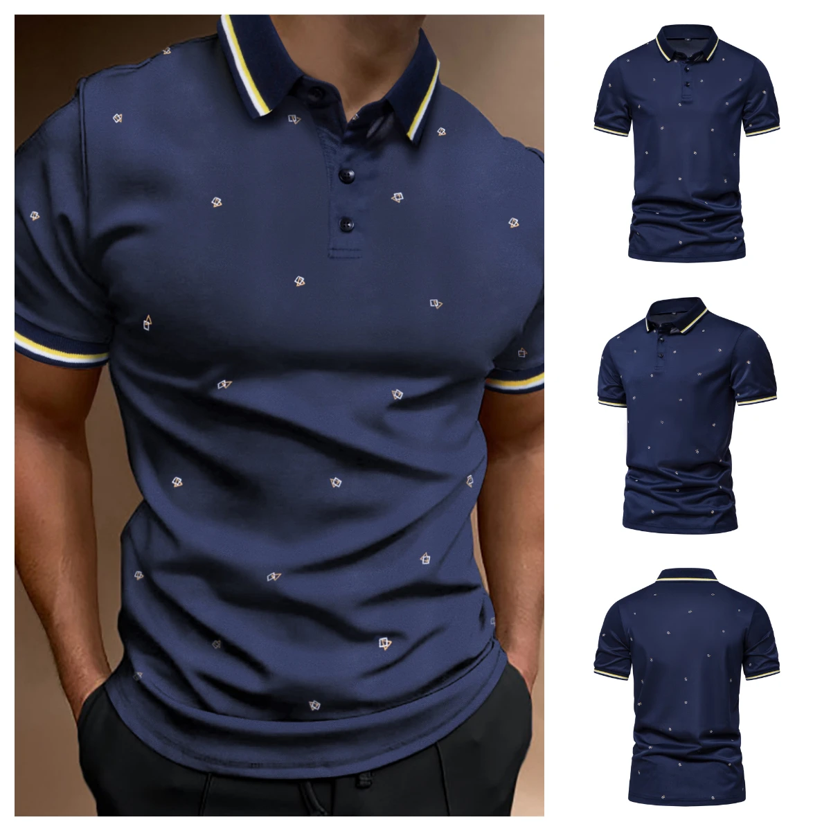 

2023 Summer Men's New POLO T-shirt Stripe Contrast Half Open Neck T-shirts Casual Print Breathable Short Sleeve Graphic Tees