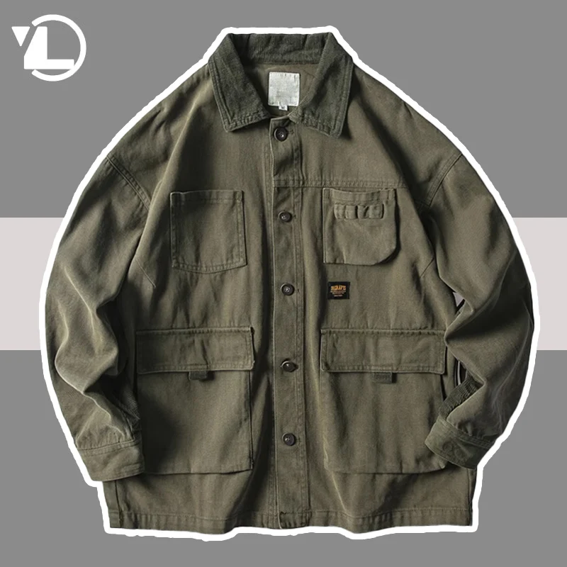 

Army Green Cargo Jacket Men Women Spring Japanese Retro Coat Korean Fashion Casual Multi Pocket Workwear Outwear Spring 2024