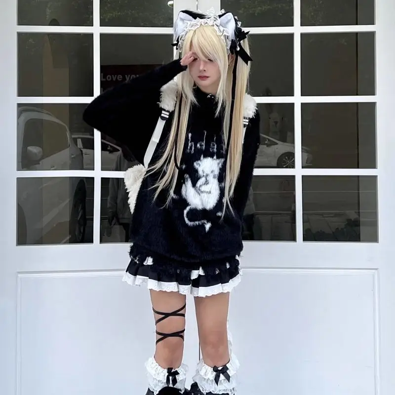 Goth Sweet Devil Cat Print sweater jumper for women Fall/Winter loose fashion Lolita street wear warm soft knitwear for girls
Goth Sweet Devil Cat Print sweater jumper for women Fall/Winter loose fashion Lolita street wear warm soft knitwear for girls