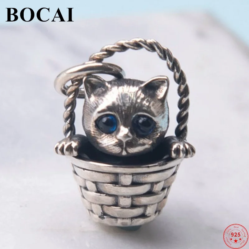 

BOCAI S925 Sterling Silver Pendants Blue Eyes Cat Bamboo Basket Argentum Amulet for Men Women Lovers Jewelry Free Shipping